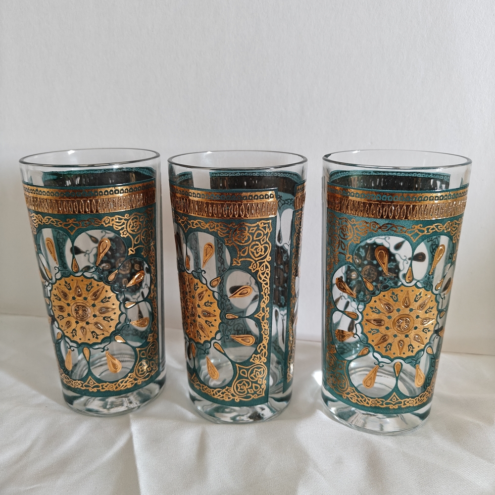 Continental 22k Gold Medallion  Turquoise High Ball Glasses